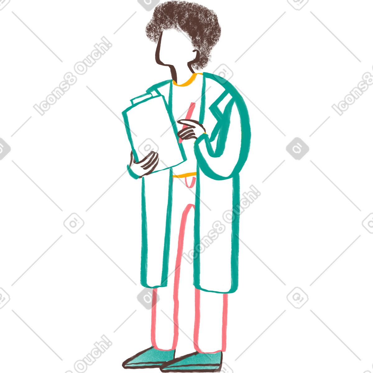 Person with curly hair in a lab coat writing notepad illustration Company style download PNG, SVG