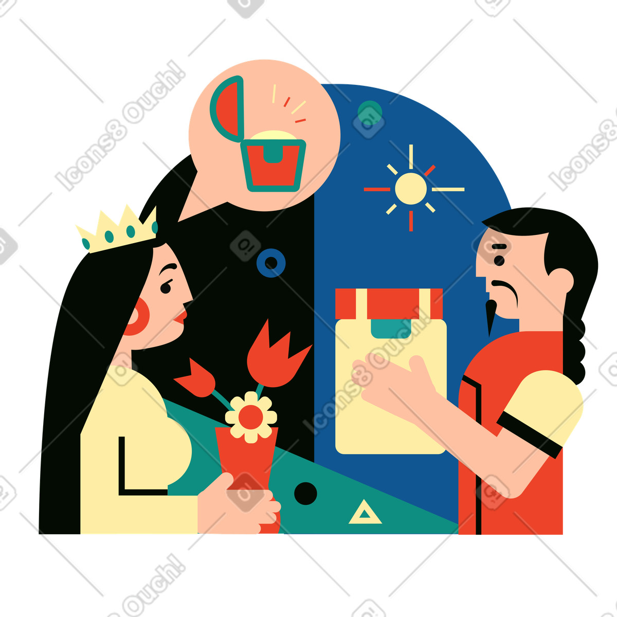 Man delivering a treasure chest to queen illustration in Polar style download in PNG, SVG