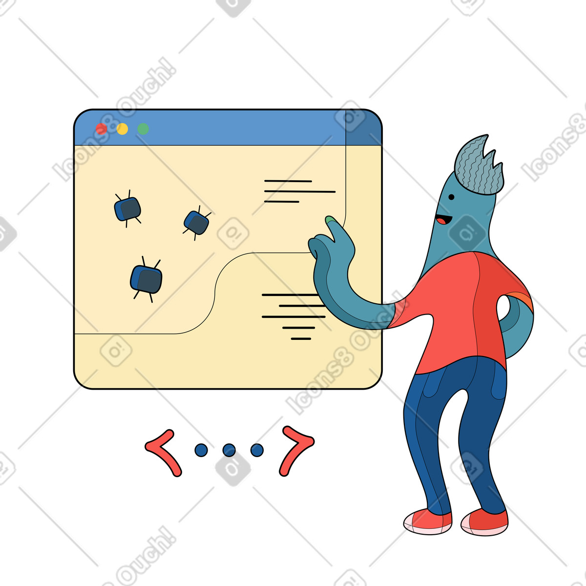 Illustration La créature bleue corrige les bugs sur le site web dans style Surr à télécharger aux formats PNG, SVG