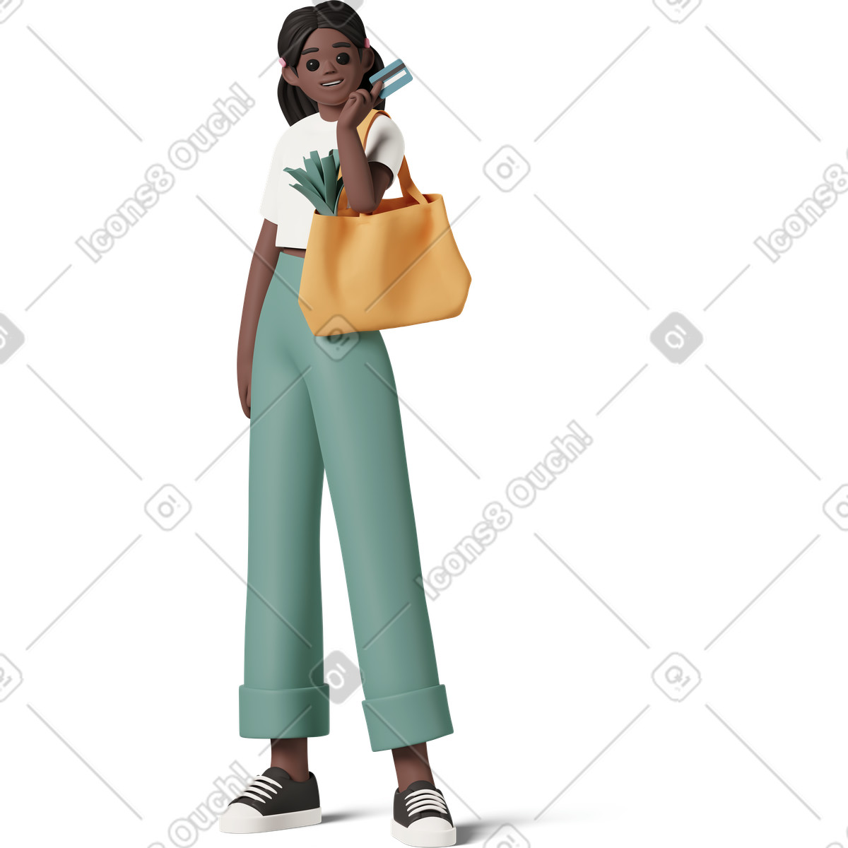 3D Casual life 스타일의 Holding grocery bag and credit card, shopping payment 일러스트레이션 PNG, SVG 다운로드