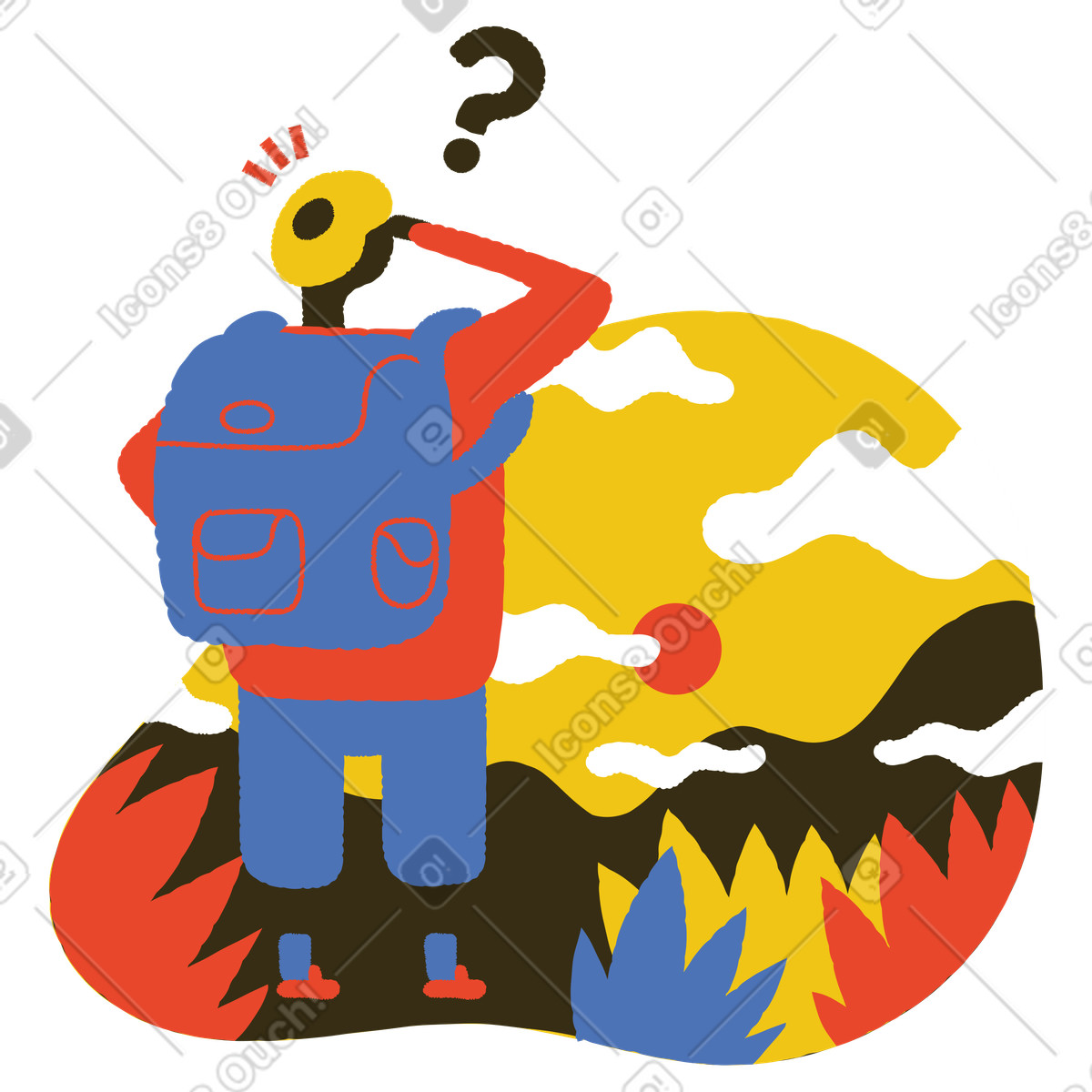 Person with backpack and question mark illustration in Bermuda style download in PNG, SVG