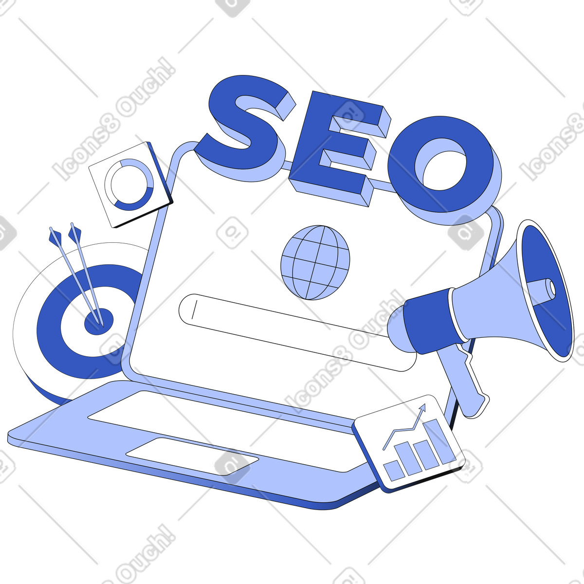 Ilustración Letras seo con objetos de marketing y texto gráficos. en estilo Techny a descargar en PNG SVG