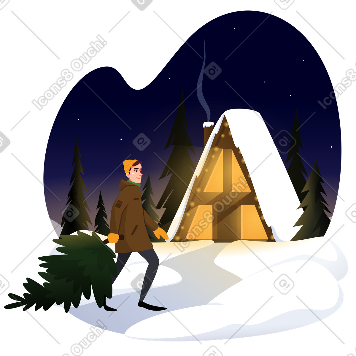 Winter house and a guy with Christmas tree illustration in Vivid style download in PNG, SVG