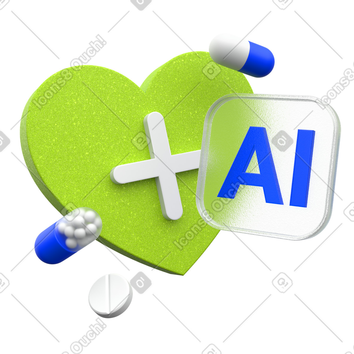 Ilustración Concepto de ia en la atención médica, corazón verde con símbolo ia, innovación médica digital estilo 3D Enterprise a descargar PNG y SVG