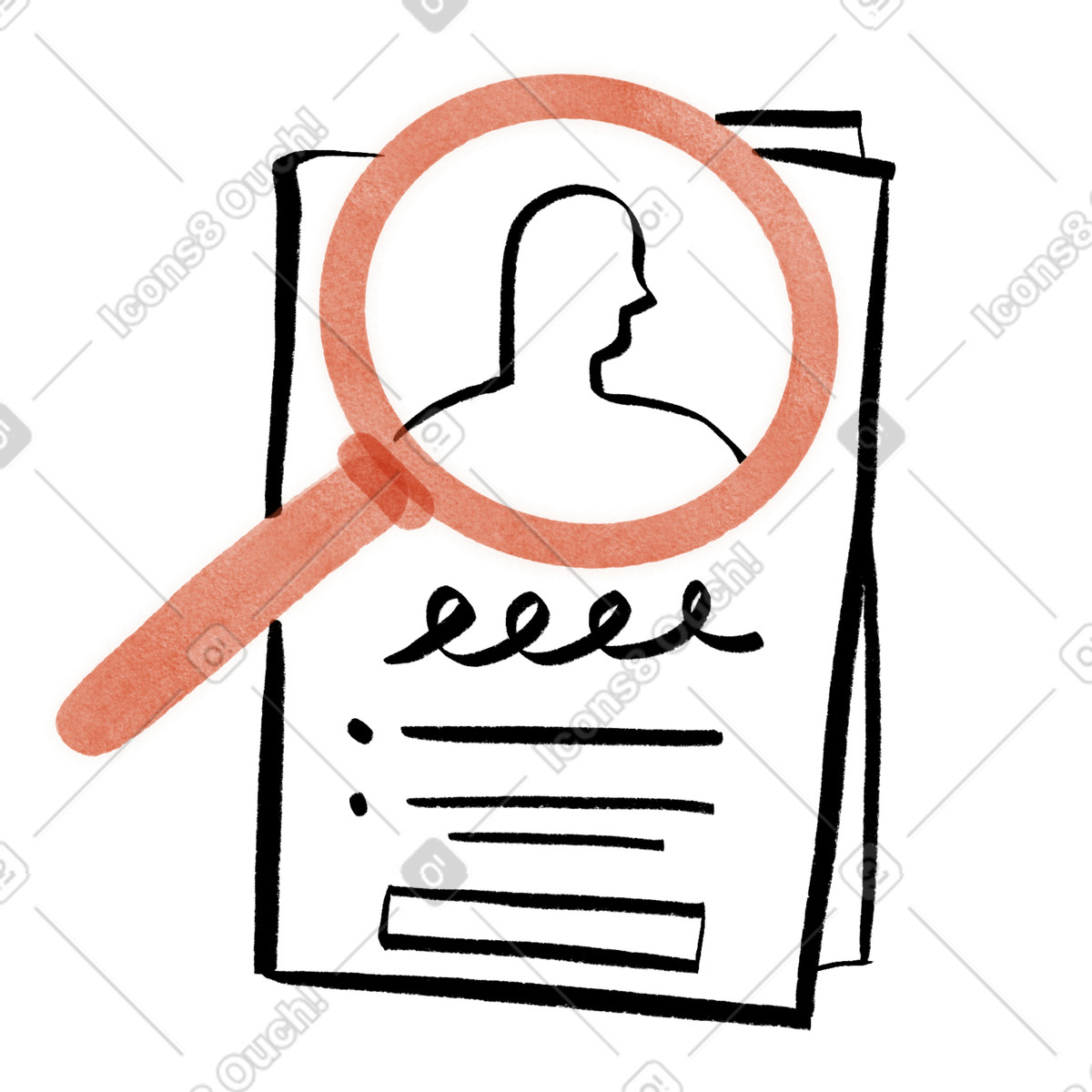 Hr employer looking through magnifying glass at cv papers to find a perfect emploee candidate for job animated illustration in Hand-drawn animation style download in GIF, Lottie (JSON), AE