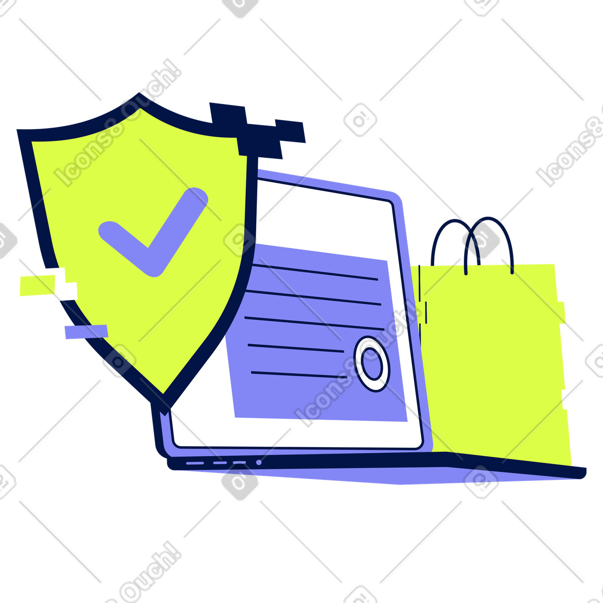 Laptop with security shield and shopping bag, Secure online ecommerce illustration in Glow style download in PNG, SVG