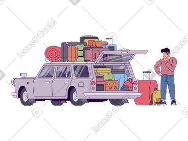 Man standing next to a car filled with luggage PNG, SVG
