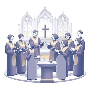 A church choir is performing during an Easter service, standing in a semi-circle formation. They are singing hymns with expressions of joy and devotion. Each choir member is wearing a robe that is detailed with different designs, predominantly in shades of purple and gold. They are positioned on a stage in front of a beautiful altar adorned with decorations. The background features stained glass windows that cast intricate light patterns on the choir. A few choir members are holding hymn books, while others have their eyes closed as they immerse themselves in the music.