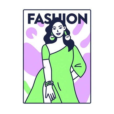 A fashion magazine cover features a model striking a pose. The model has long hair styled in waves and is looking directly at the viewer with confidence. She is wearing a vibrant outfit that consists of a fitted, asymmetrical dress with flowing fabric. Her accessories include large earrings and a statement bracelet on her wrist. The background is filled with abstract shapes that complement the model's outfit, enhancing the overall stylish presentation. The title of the magazine appears prominently at the top in bold letters.