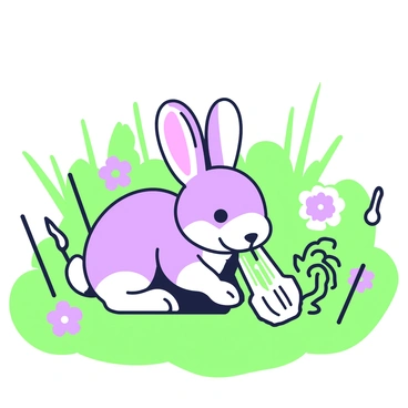 A small animal, resembling a rabbit, is nibbling on a stalk of celery in a lush meadow. The animal has soft fur and large ears, focused intently on the celery in its paws. Around it, various blades of grass sway gently in the breeze. The scene is filled with vibrant flowers dotting the meadow, creating a diverse landscape. In the background, a few trees can be seen framing the meadow, adding depth to the serene environment.