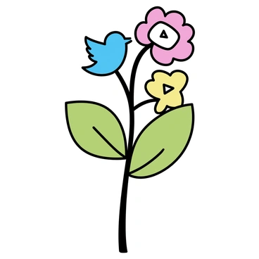 A green plant with a sturdy stem and large leaves. The plant has blooms shaped like various social media logos. The logos, including "Facebook," "Twitter," "Instagram," and "YouTube," are brightly colored in blue, red, yellow, and white. The plant appears healthy and vibrant, with the logos positioned prominently among the leaves, creating a striking contrast. The background is simple, allowing the plant and the social media logo blooms to stand out.