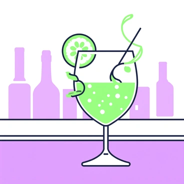 An elegant cocktail glass is positioned on a polished bar countertop. The glass is filled with a clear, sparkling beverage. It is adorned with thin, green cucumber slices resting delicately on the rim. A twist of lime peel spirals gracefully around the glass, adding a touch of sophistication. In the background, subtle hints of bar tools and a blurred assortment of liquor bottles can be seen.
