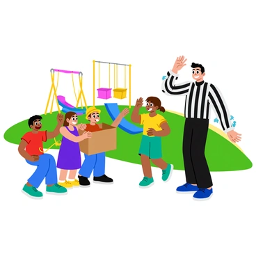 A group of five children is laughing while imitating a mime. One child, wearing a red t-shirt, pretends to be trapped inside an invisible box, while another child, dressed in a yellow hat, mimics exaggerated facial expressions. A girl in a blue dress is pretending to pull a rope, and another boy in green shorts is pretending to walk on a tightrope. The mime, wearing black and white striped clothing and face paint, is catching their attention with funny actions. The playground is filled with vibrant colors, including swings and a slide in the background.