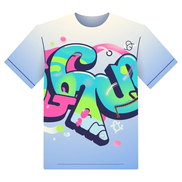 A t-shirt featuring a large illustration of graffiti-style street art. The design includes bold shapes and vibrant colors such as electric blue, neon green, and hot pink. Various stylized letters are interspersed throughout the artwork, showcasing artistic flair. There are abstract designs and dynamic swirls that enhance the energetic feel of the piece. The background of the illustration is a soft gradient, allowing the bright colors of the graffiti to stand out prominently.
