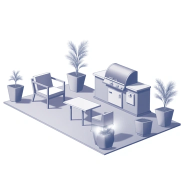 A modern patio featuring minimalist furniture. There are a couple of sleek chairs and a low-profile table positioned around a central area. An outdoor kitchen setup is visible, complete with a built-in grill, a countertop, and some storage space for utensils. The flooring is smooth and uniform, providing a clean aesthetic. The area is accented with potted plants, adding a touch of greenery.