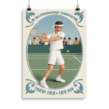 A vintage tennis match poster featuring a male player in mid-swing, wearing classic white tennis shorts, a white shirt, and a headband. He has a powerful stance as he strikes a tennis ball with a wooden racket. The background showcases a grass court with spectators in the distance, dressed in 1920s attire, sitting on benches. The border of the poster is ornate with decorative flourishes, and the text at the top reads "Championship Tournament," while the date and location are displayed at the bottom.