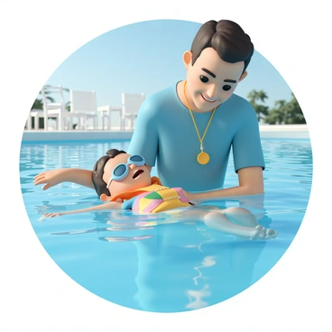 A swim instructor, wearing a blue swimsuit and a whistle around their neck, is in a bright blue pool, demonstrating how to float. The instructor is supporting a young child, who is wearing a colorful floatation vest and goggles, while lying on their back in the water. The child's arms are outstretched, and their face shows a mixture of concentration and excitement. Sunlight is reflecting off the water's surface, creating a shimmering effect around them. In the background, there are poolside chairs and a clear blue sky.