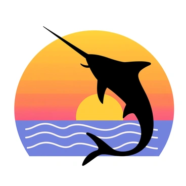 A dark silhouette of a marlin with a long, pointed bill is prominently displayed against a vibrant orange and yellow sunset. The sun casts warm hues across the sky, transitioning to darker shades of blue as it approaches the horizon. Gentle waves of the sea reflect the colors of the sunset, creating a shimmering effect. The marlin appears leaping above the water, its fins extended, capturing the dynamic motion of the moment.