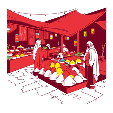 A red souk is filled with vibrant stalls displaying an array of colorful spices, each in neatly arranged piles, and bright textiles hanging from above. Local vendors, dressed in traditional attire, are actively engaging with customers, showcasing their goods. The air is filled with the rich aroma of spices, while the ground is paved with cobblestones, reflecting the textures and atmosphere of a traditional Lebanese market. Colorful lanterns hang from above, adding to the lively ambiance.