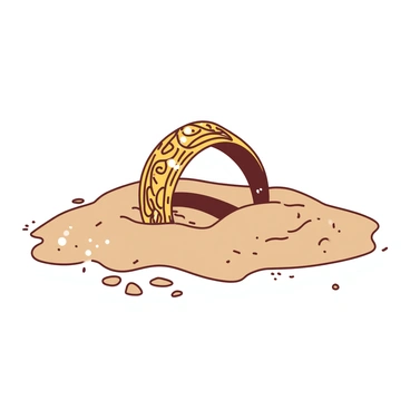 A gold ring with intricate filigree patterns is half-buried in light brown sand. The ring glints under the bright sunlight, reflecting tiny sparkles that enhance its delicate design. Around the ring, small grains of sand shimmer slightly, creating a contrast with the smooth surface of the ring. The scene captures an intimate moment of discovery, as if the ring has just been unearthed by the gentle ocean breeze.