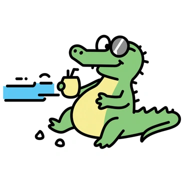 A crocodile, with green scales and a wide smile, is lounging on a sandy beach. It is wearing large round sunglasses that reflect the sunlight. The crocodile is holding a coconut drink with a straw, resting one arm over its belly. The beach has a few scattered seashells and a gentle wave lapping at the shore in the background.
