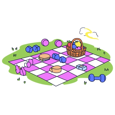 A large checkered picnic blanket laid out on a grassy field. On the blanket, there is a wicker basket filled with colorful fruits like apples and bananas. There are also sandwiches neatly wrapped in paper, and a couple of juice boxes placed beside them. Scattered around the blanket are several dumbbells of varying sizes, some in bright colors like pink and blue. A clear sky is visible above, adding to the cheerful atmosphere.