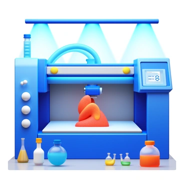 A 3D printer is actively producing a detailed model of a "human organ" in a modern laboratory setting. The printer features multiple nozzles extruding materials in various colors to create intricate textures and shapes. Surrounding the printer are tools and materials commonly used in lab environments, such as vials and a computer displaying the design. Bright overhead lights illuminate the workspace, highlighting the precision of the printing process.