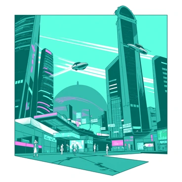 A teal futuristic city features towering skyscrapers adorned with vibrant neon lights. Hovercars zip through the sky, leaving trails of light behind them. The buildings have sleek designs with glass facades reflecting the colorful lights. The streets below are bustling with activity, showcasing pedestrians interacting with digital displays. In the background, a large gleaming dome structure stands out among the skyscrapers, contributing to the city's modern aesthetic.