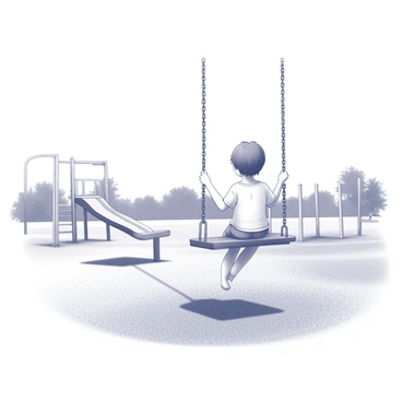 A solitary child is sitting on an empty swing in a deserted playground. The child has short hair and wears a simple t-shirt and shorts. The swing hangs from sturdy chains, swaying gently in the breeze. The playground features a series of scattered play structures, including a slide and a climbing frame, all showing signs of wear and neglect. The ground is covered with gravel, and there are distant trees surrounding the area, their leaves lightly rustling. The sky is overcast, creating a somber atmosphere.