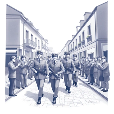 A group of allied troops in uniform marching down a cobblestone street in a liberated French town. The soldiers appear determined and focused, holding their rifles at the ready. On either side of the street, locals gather, some waving flags and others clapping their hands in celebration. The buildings lining the street feature French architectural elements, with balconies and window boxes adorned with flowers. Smiles and expressions of joy are visible on the faces of the townspeople as they greet the troops, creating a lively atmosphere of gratitude and relief. The sky above is clear, and the scene captures the moment of victory and camaraderie.