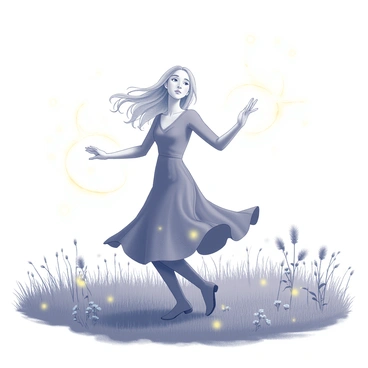 A figure resembling "Galadriel" is dancing gracefully in an open field. Her flowing garments move elegantly with her movements. Surrounding her are small, glowing lights swirling and flickering, creating an enchanting atmosphere reminiscent of "fireflies" in the dusk. The field is filled with tall grass, gently swaying in the breeze, and there are a few wildflowers dotting the landscape, adding texture to the scene. The sky above is clear, with a subtle hint of a setting sun that casts soft shadows across the ground.