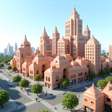 A city skyline featuring buildings that are all shaped like giant piggy banks. Each building has a glossy surface that resembles ceramic with intricate details such as coin slots, round windows, and curved roofs. The piggy bank structures vary in size, some towering high above the others, while others are smaller and more compact. The streets are bustling with people walking and enjoying the unique architecture. There are trees and greenery around the buildings, adding a touch of nature to the urban setting. The sky is clear and blue, creating a bright atmosphere over the whimsical cityscape.