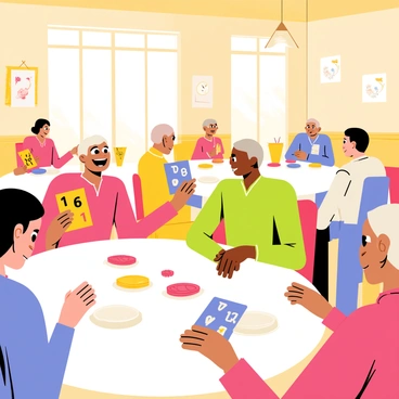 A community hall filled with seniors sitting at round tables, engaged in conversation while playing loto. Some seniors are holding colorful loto cards with numbers, while others are marking off numbers with small red chips. The walls are adorned with cheerful decorations, and there are plates of snacks and drinks on the tables. A few seniors are animatedly sharing stories, with expressions of joy and laughter on their faces. There is warm light coming from overhead lamps, creating a welcoming atmosphere.