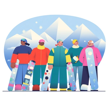 A diverse group of snowboarders is standing at the top of a snow-covered mountain, preparing to descend. The snowboarders include individuals with varying skin tones, hairstyles, and clothing styles. One snowboarder is wearing a bright red jacket with blue accents, while another is dressed in a teal outfit with yellow details. The group is gathered closely, with some wearing helmets and goggles, reflecting sunlight on the snowy landscape. In the background, the majestic mountain range stretches under a clear blue sky, with snowflakes gently falling around them. Each snowboarder holds their colorful snowboard, showcasing different designs and patterns.