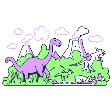 A group of dinosaurs is moving across a prehistoric landscape. In the foreground, there are several dinosaurs: a large Brachiosaurus with a long neck grazing on tall ferns, a small Velociraptor running swiftly near a cluster of rocks, and a Triceratops with three distinctive horns and a frill, standing by a watering hole. In the background, there are towering volcanoes with smoke rising from their peaks, and scattered volcanic rocks across the ground. The sky above is filled with fluffy clouds, creating a dynamic atmosphere over the ancient scene.