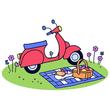 A moped parked in a meadow with a picnic basket and blanket laid out nearby