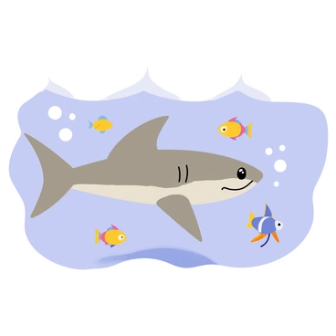 A majestic shark with a sleek, gray body is gliding smoothly through a vibrant school of smaller fish. The shark's dorsal fin is prominently visible above the water, cutting through the surface. The smaller fish, painted in bright colors like yellow, blue, and orange, are swimming in various directions around the shark. Bubbles are rising around them, creating a dynamic underwater scene. The water is a clear blue, allowing for visibility of the sandy ocean floor below.