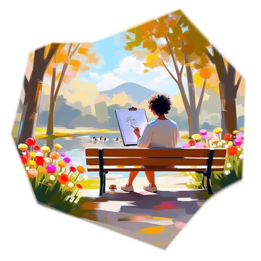 An illustrator with medium skin and curly hair sits on a wooden bench in a quiet park, carefully drawing on a sketchpad. The sun filters through the leaves of tall trees, casting gentle light on the scene. Surrounding the illustrator are vibrant flowers in various colors, including red roses and yellow daisies, swaying slightly in the breeze. To the side, a small pond reflects the blue sky and fluffy white clouds, with a few ducks gliding across the water. In the background, a distant hill provides a serene backdrop to the peaceful park setting. The illustrator's focused expression shows their deep connection to the poetic beauty of nature as they capture the essence of the scene on paper.