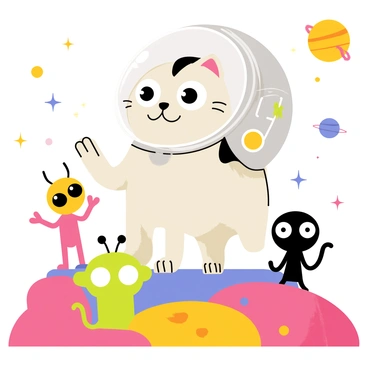 A cartoon-style illustration of a cat with fluffy fur and big bright eyes, wearing a shiny silver space helmet. The cat is standing on a vibrant planet with colorful terrain, surrounded by various quirky aliens with different shapes and colors. One alien has three eyes and is waving, while another is small and round with antennae. The cat is looking up at the aliens, with its mouth moving as if it is talking. Bright stars and a distant planet are visible in the background, adding to the space theme.