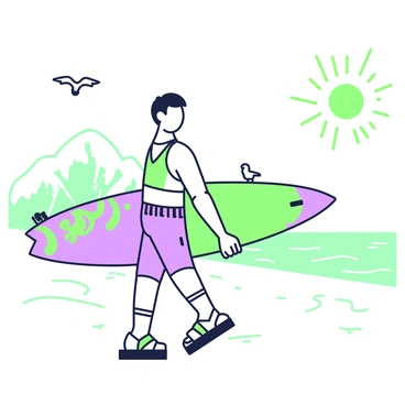 A surfer is walking towards the ocean while carrying a surfboard on their shoulder. The surfer has sun-kissed skin and is wearing board shorts and a tank top, with sandals on their feet. The surfboard is brightly colored with intricate designs and has fins attached. In the background, the waves are crashing gently on the shore, with white foam forming at their peaks. The sun is shining brightly in the sky, and a few seagulls are flying overhead. The sandy beach stretches out on both sides of the surfer.