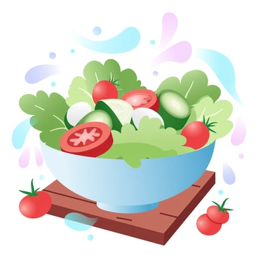 A bowl filled with fresh garden salad is surrounded by vibrant greens, crisp lettuce, and various shapes of sliced tomatoes. The salad features a colorful assortment of vegetables, including cucumbers and radishes, enhancing its visual appeal. A light dressing is drizzled over the top, creating a glossy sheen. The bowl is placed on a wooden table, with a few scattered cherry tomatoes nearby, adding to the fresh, inviting atmosphere.