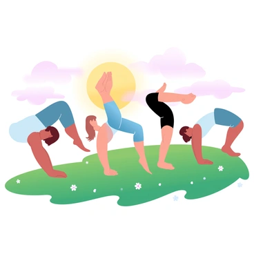 A group of five people is practicing pilates on a grassy hill. The individuals are in various poses, such as stretching and balancing, each focusing intently on their movements. The grass is vibrant green, interspersed with small wildflowers. In the background, a large sun is rising, casting warm, golden light across the scene. Soft hues of orange and pink fill the sky, creating a peaceful atmosphere around the group as they enjoy their morning exercise.