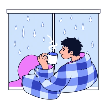 An eboy with dark hair and piercings is sitting by a window. He is wrapped in a thick, cozy blanket with a plaid pattern. In his hands, he holds a steaming mug of coffee, with wisps of steam rising from it. Raindrops are visible on the window, creating a blurred view of the outside world. The room is softly lit, emphasizing the comfort of the scene.