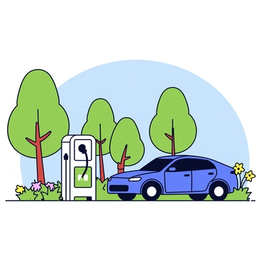 An electric car with a sleek design is parked next to a charging station. The car has a shiny blue exterior and is equipped with modern features. The charging station has a white and green color scheme, clearly displaying a charging port. Surrounding the car and the station is a lush, green park with tall trees and well-maintained grass. Wildflowers bloom in various colors, adding splashes of brightness to the scene. A clear blue sky is visible overhead, enhancing the vibrant atmosphere of the park.