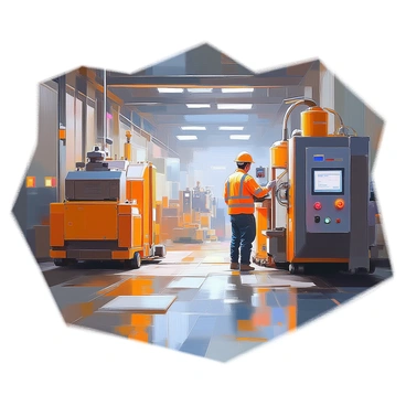 A scene depicting a factory during a night shift, featuring dim lighting that creates soft shadows across various pieces of industrial machinery. The floor is lined with large, heavy equipment, and shadows stretch across the surfaces, adding depth to the environment. Workers are seen wearing safety gear, their faces illuminated by the faint glow of overhead lights. The atmosphere is filled with an air of focus, as the workers attend to their tasks amidst the quiet hum of machinery.