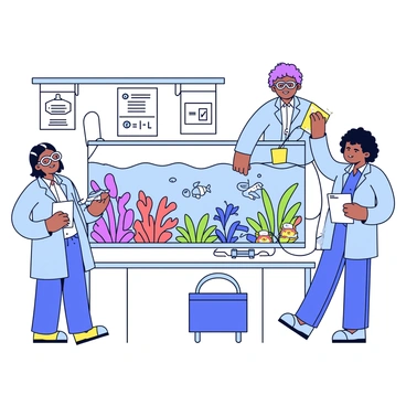 A group of scientists wearing lab coats and safety goggles is gathered around a large, transparent water tank. Inside the tank, various marine plants and small fish are visible, swimming among colorful coral branches. One scientist is holding a clipboard, taking notes on the gas exchange measurements, while another is adjusting a device connected to the tank, monitoring the oxygen levels. The room is equipped with various research tools and equipment, with posters about marine biology on the walls.