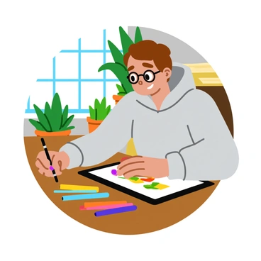 A student focused on creating a digital illustration on a tablet. The tablet displays a colorful, lively artwork in progress. Surrounding the student are several stylus pens in various colors and sizes, neatly organized on a wooden table. The student has short brown hair and is wearing glasses, and a light gray hoodie. The room is bright, with a window letting in natural light and a few potted plants visible in the background.