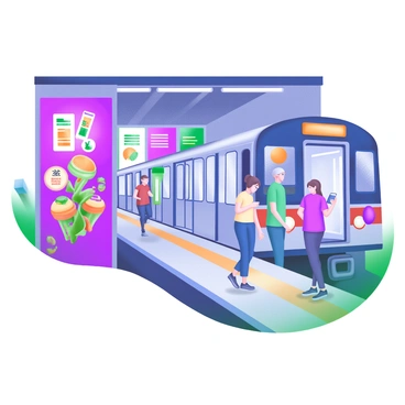 A busy underground metro station filled with commuters. The walls are adorned with "vibrant advertisements" showcasing various products and events in bright colors. "Colorful graffiti" covers some of the walls, adding an artistic flair. People are walking briskly, some waiting for trains, while others are checking their phones. "Brightly lit fluorescent lights" illuminate the scene, creating a lively atmosphere. A train can be seen arriving at the platform, with doors opening for passengers to board.