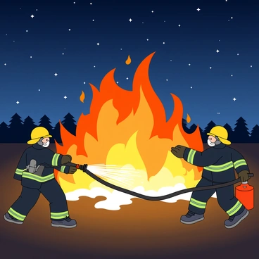 A group of three firefighters, wearing bright yellow helmets and dark protective uniforms, is actively fighting a large fire. One firefighter is using a heavy hose, aiming water at the flames, while another is holding a fire extinguisher ready to assist. The flames are bright orange and yellow, contrasting sharply against the dark night. In the background, a clear starry sky is visible, with numerous twinkling stars scattered across the deep blue canvas. The ground is dark, and there are hints of silhouetted trees in the distance.