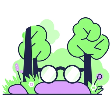 A lush forest is visible through the frame of a pair of eyeglasses resting on a flat rock. The eyeglasses are positioned at an angle, allowing a clear view of the vibrant greenery beyond the lenses. Tall trees with thick trunks and dense foliage surround the scene, their leaves creating a natural canopy. Sunlight filters through the branches, casting dappled shadows on the ground and the rock. In the background, a few ferns and wildflowers can be seen, adding variety to the forest floor. The entire composition emphasizes the contrast between the eyeglasses and the abundant nature surrounding them.